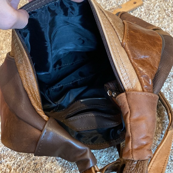 Genuine Leather Hobo Purse Adjustable Strap Brown Patchwork - Picture 9 of 9